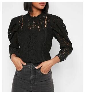 Express Lace Puff Sleeve Top Black LS Women's S